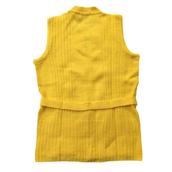 Vintage 1960s Bright Yellow Sleeveless Belted Knit Cardigan Sweater Vest Pockets - Picture 6 of 11